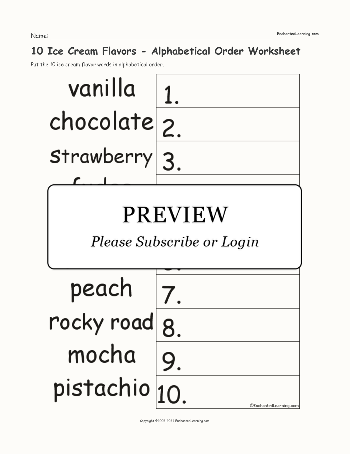 10 Ice Cream Flavors - Alphabetical Order Worksheet interactive worksheet page 1