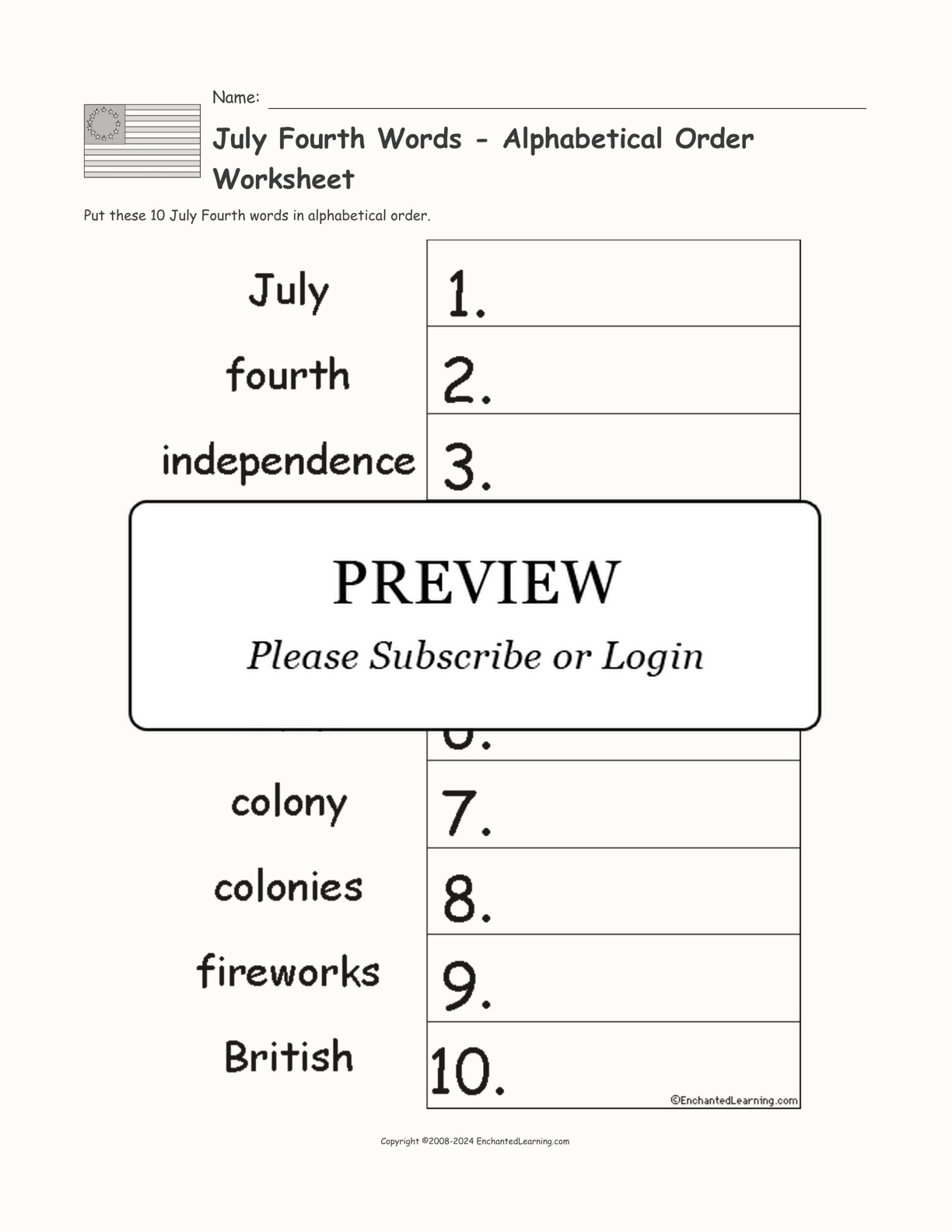July Fourth Words - Alphabetical Order Worksheet interactive worksheet page 1