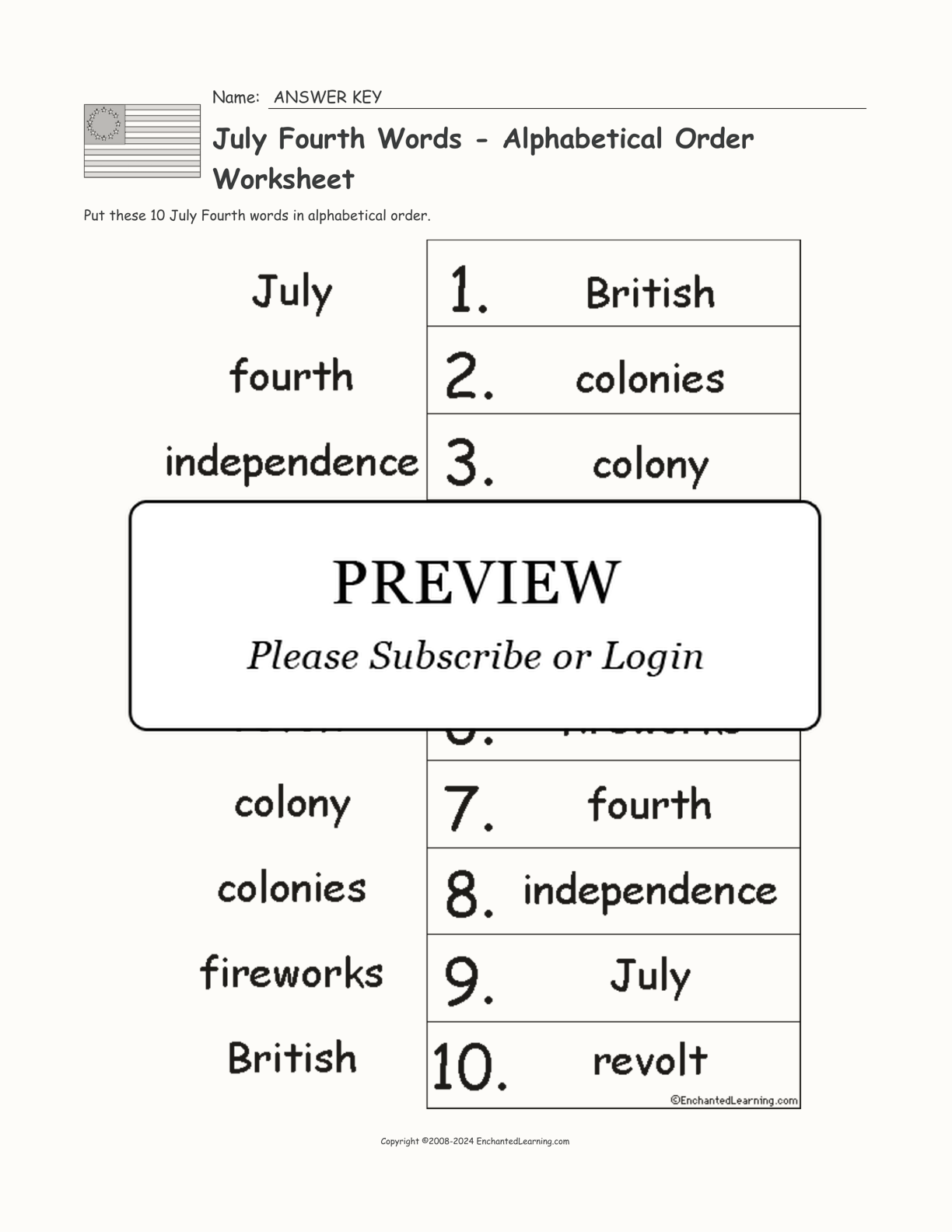 July Fourth Words - Alphabetical Order Worksheet interactive worksheet page 2