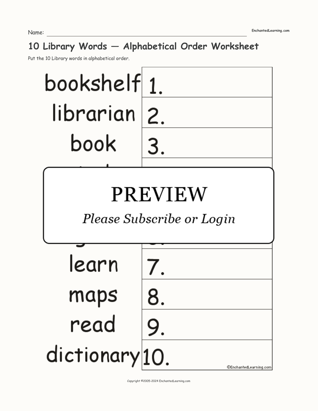 10 Library Words — Alphabetical Order Worksheet interactive worksheet page 1