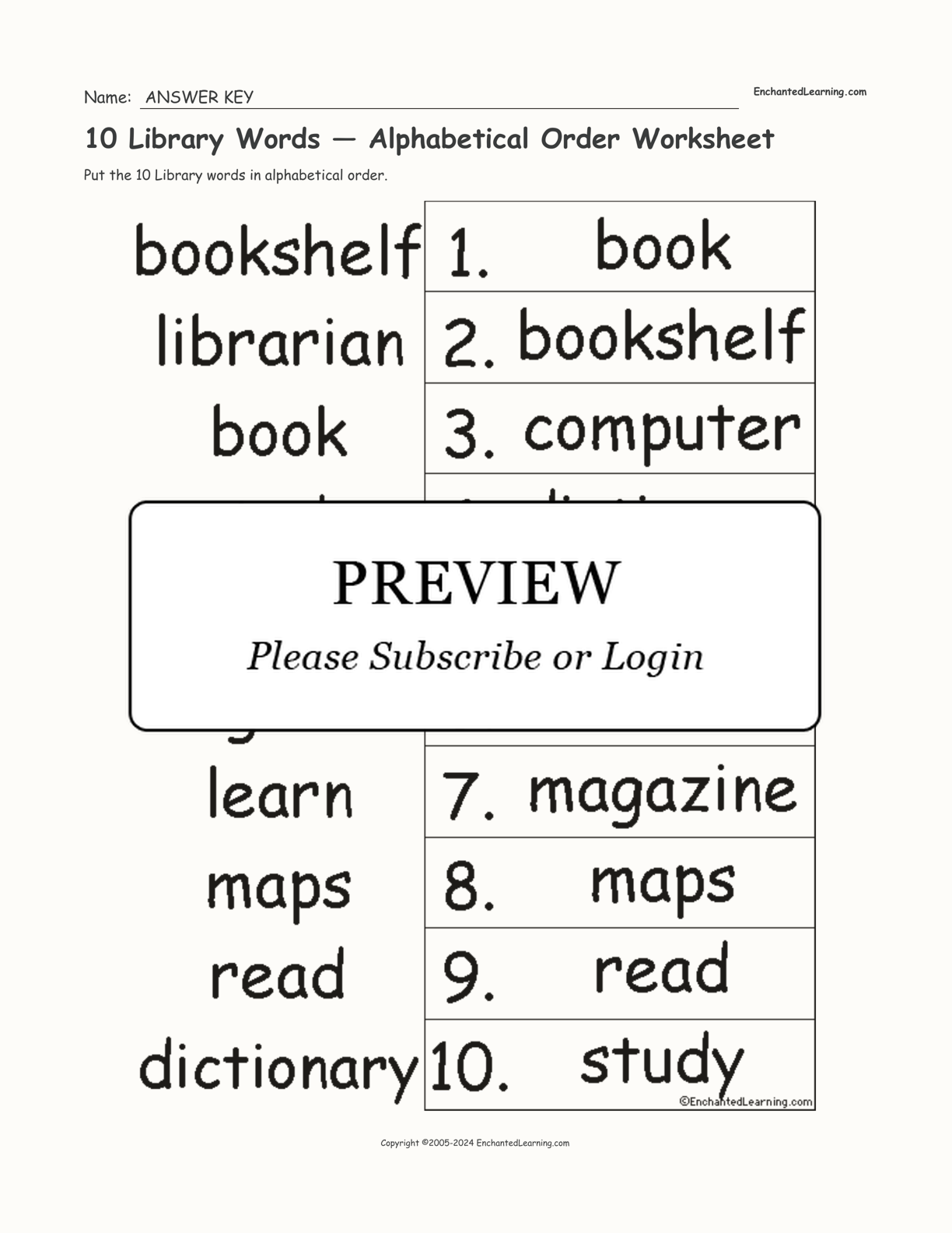 10 Library Words — Alphabetical Order Worksheet interactive worksheet page 2