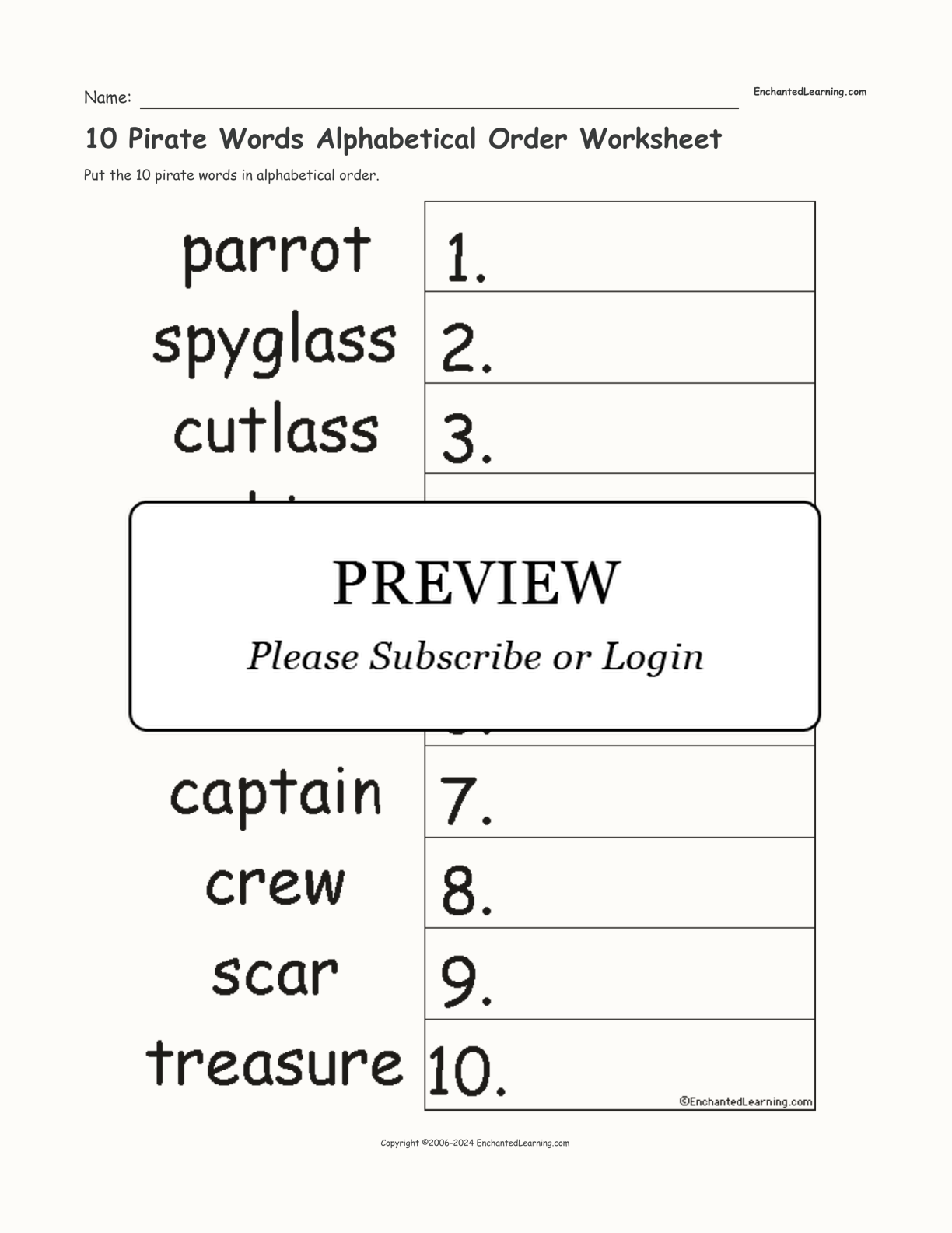 10 Pirate Words Alphabetical Order Worksheet interactive worksheet page 1