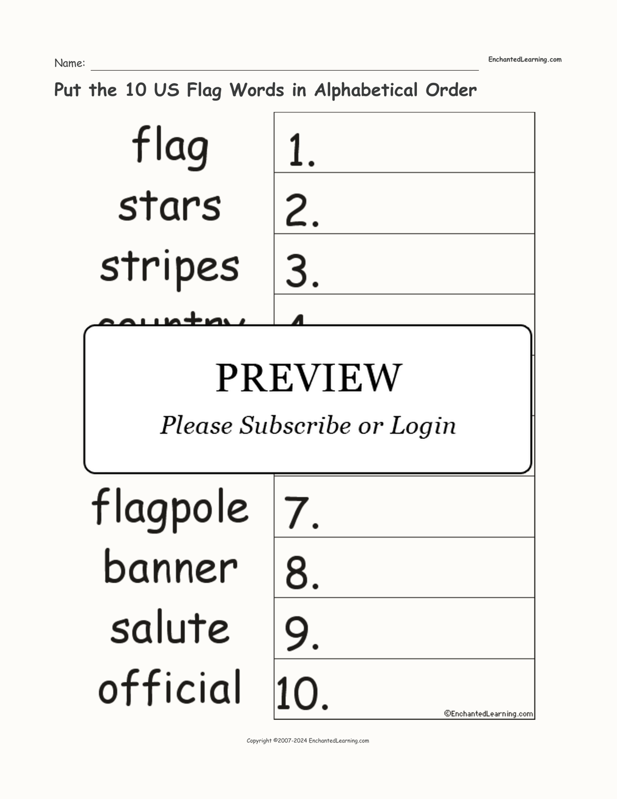 Put the 10 US Flag Words in Alphabetical Order interactive worksheet page 1