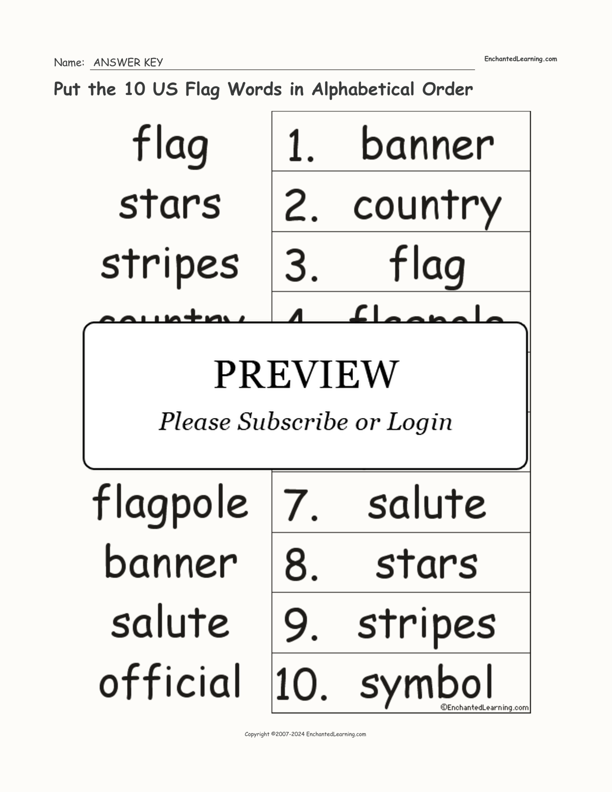 Put the 10 US Flag Words in Alphabetical Order interactive worksheet page 2