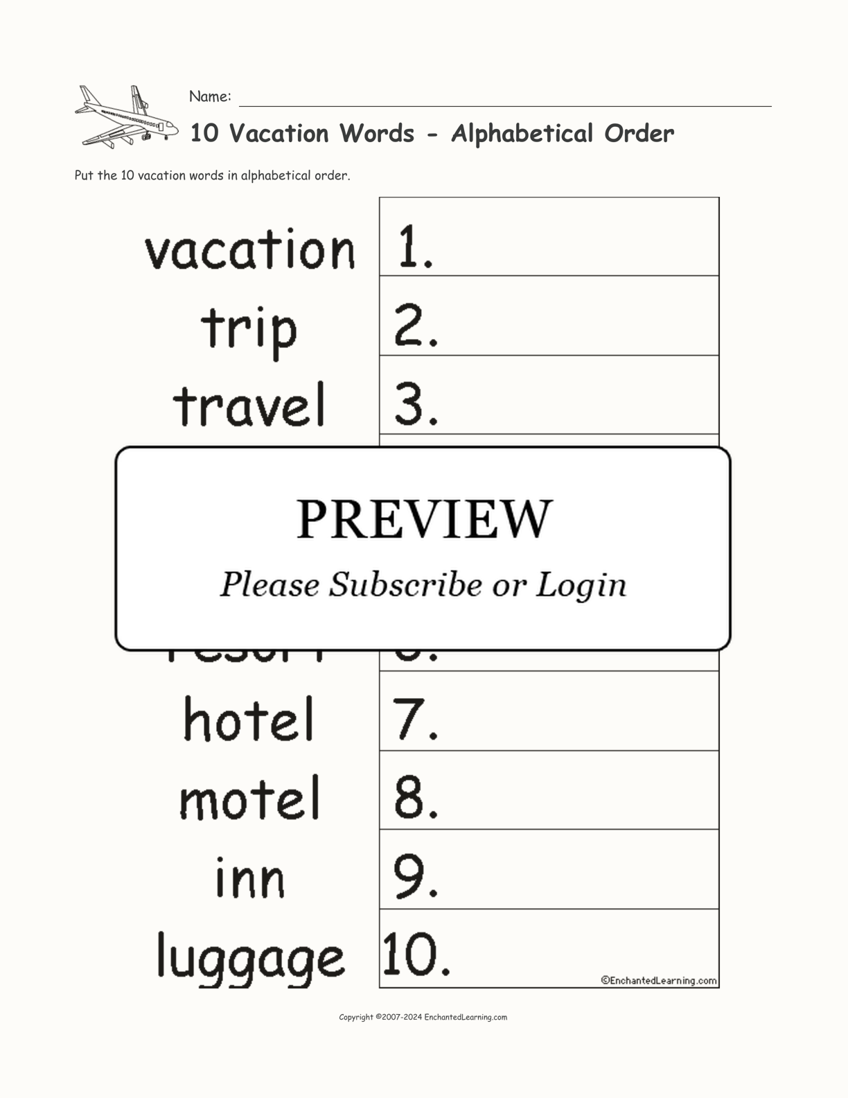 10 Vacation Words - Alphabetical Order interactive worksheet page 1