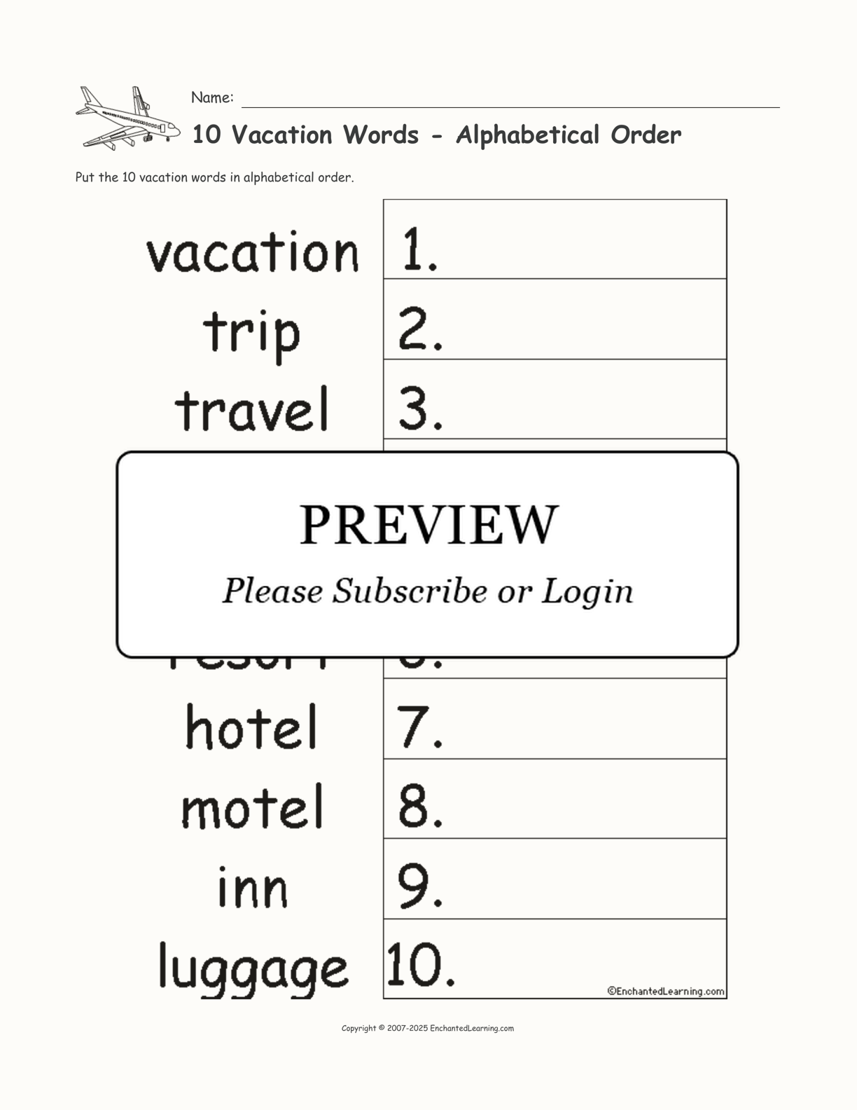 10 Vacation Words - Alphabetical Order interactive worksheet page 1