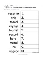 Search result: '10 Vacation Words - Alphabetical Order Worksheet'