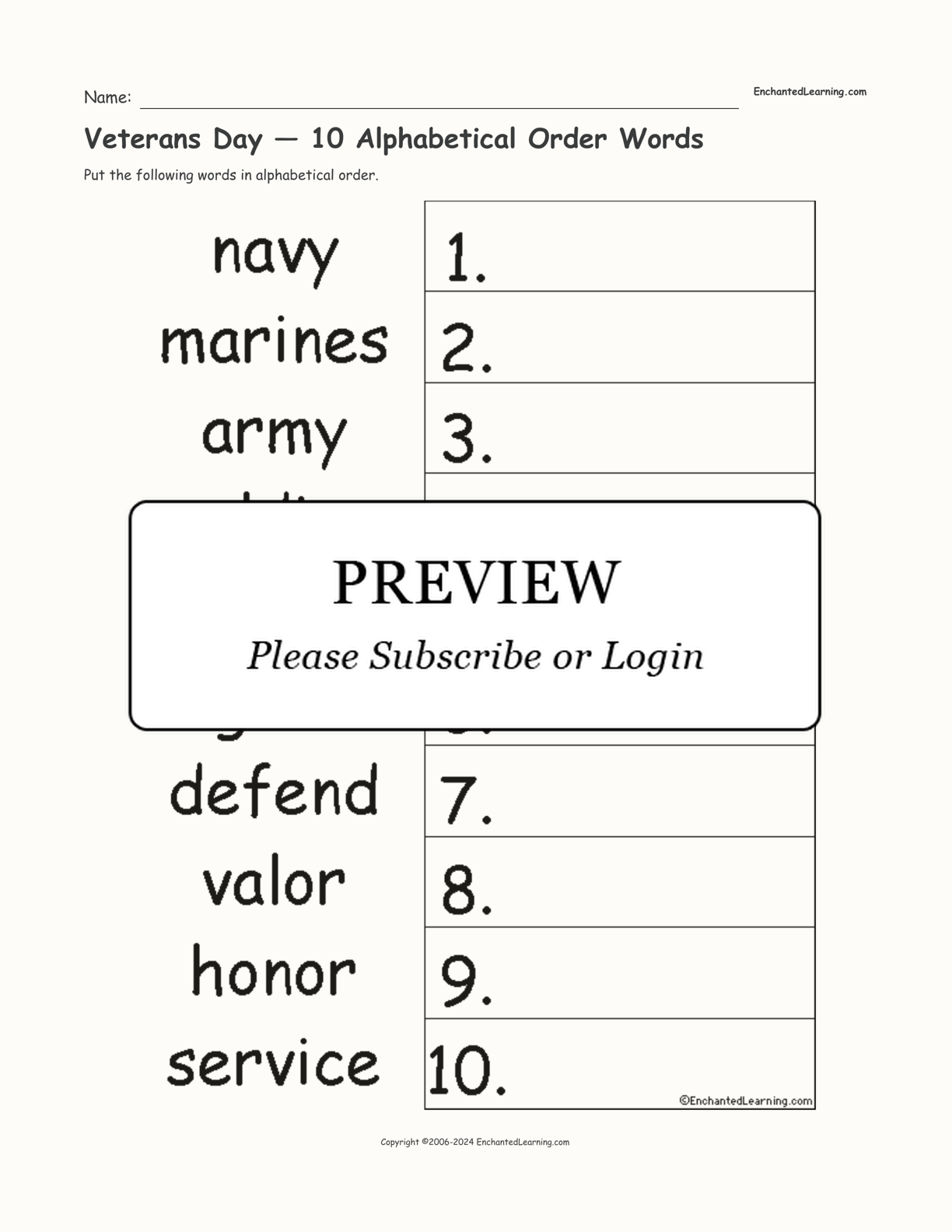 Veterans Day — 10 Alphabetical Order Words interactive worksheet page 1