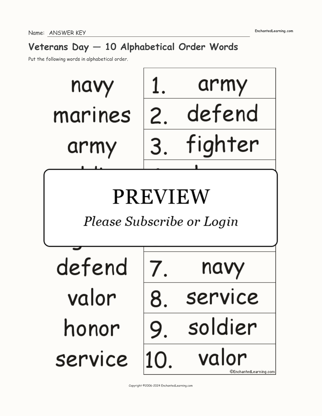 Veterans Day — 10 Alphabetical Order Words interactive worksheet page 2