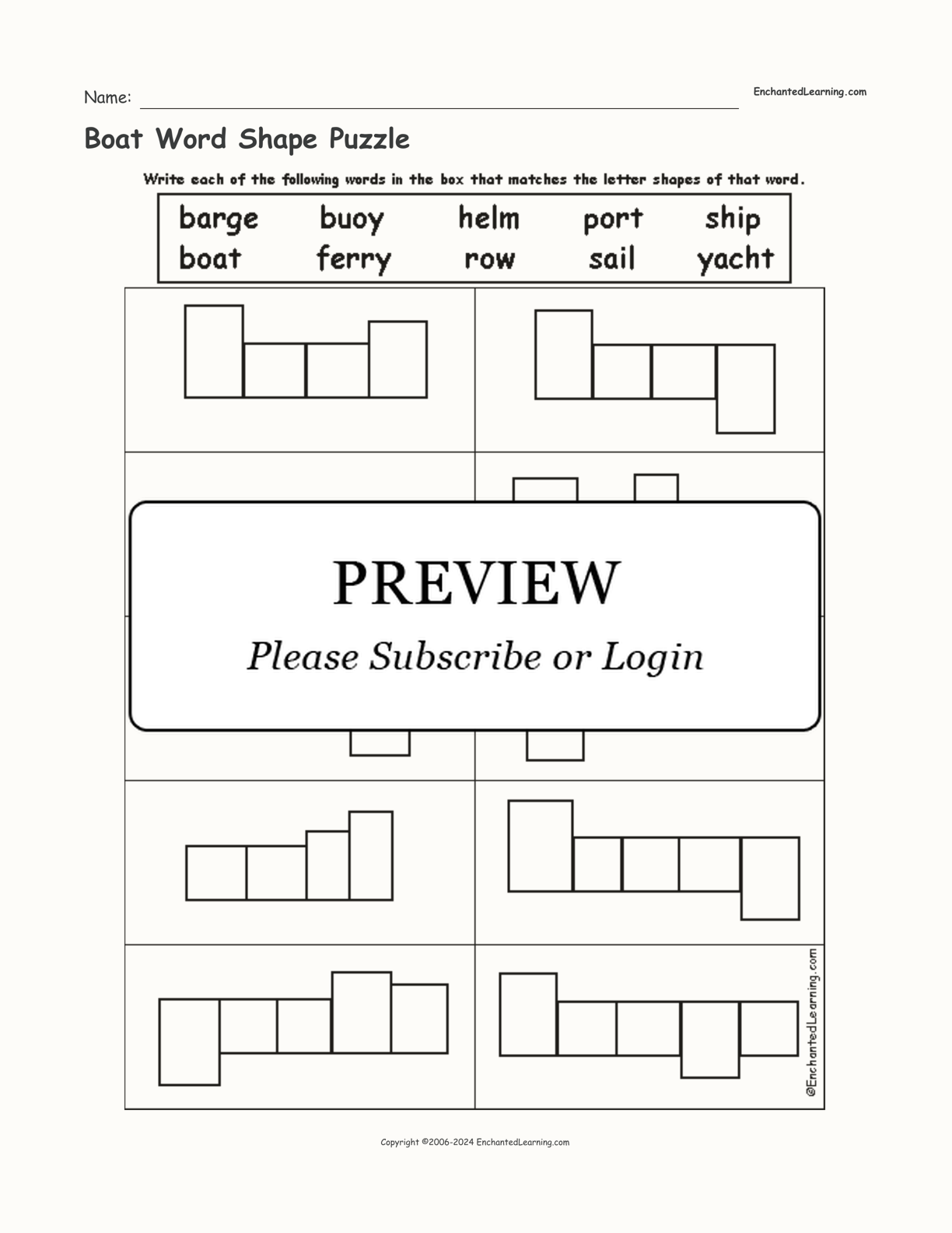 Boat Word Shape Puzzle interactive worksheet page 1