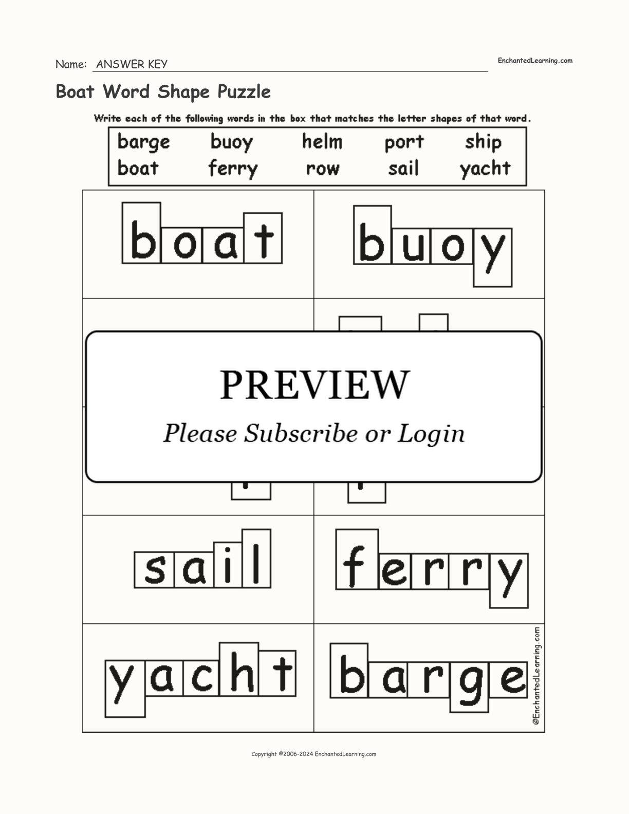 Boat Word Shape Puzzle interactive worksheet page 2