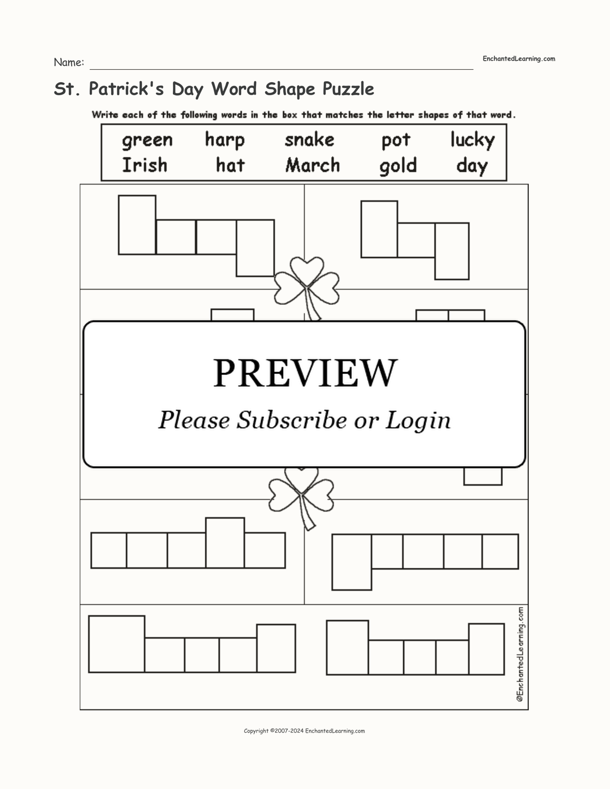 St. Patrick's Day Word Shape Puzzle interactive worksheet page 1