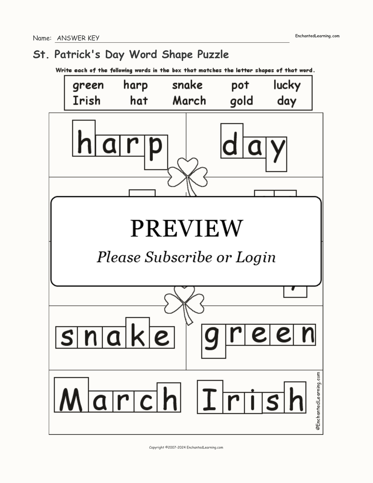 St. Patrick's Day Word Shape Puzzle interactive worksheet page 2