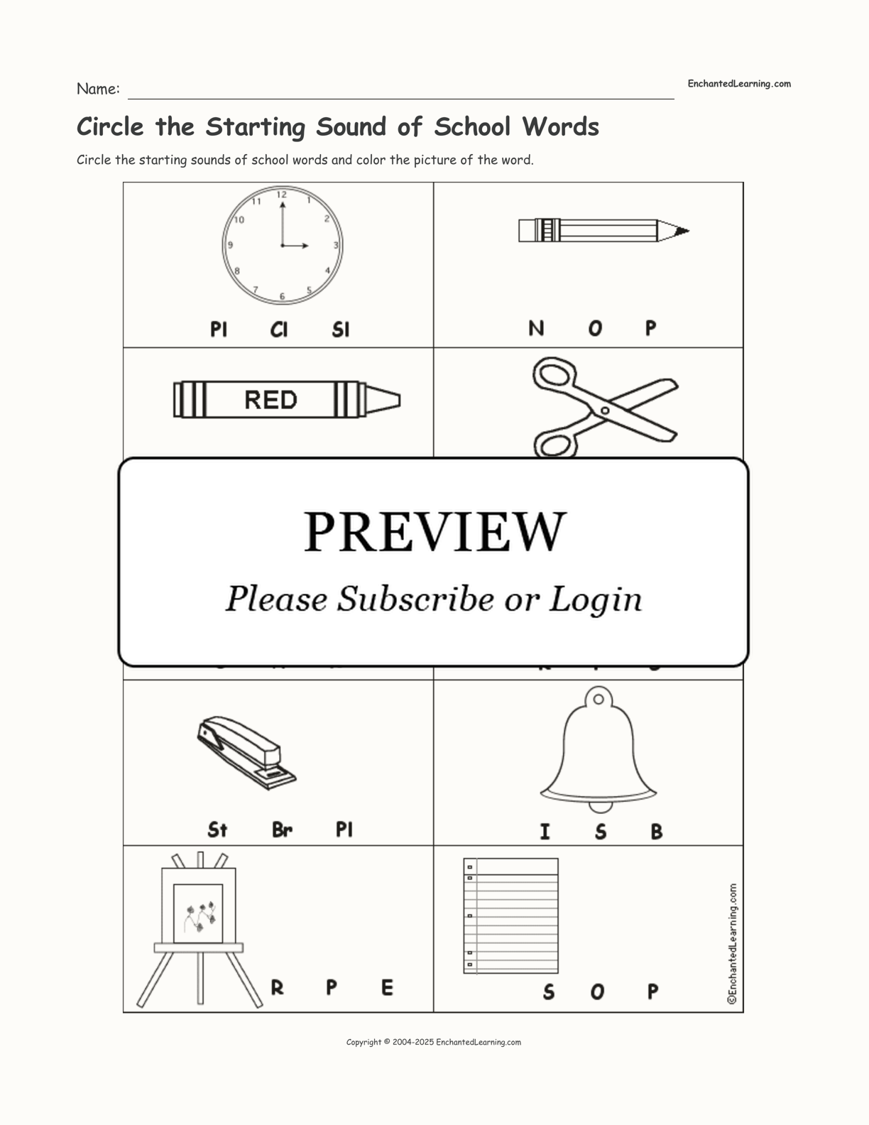 Circle the Starting Sound of School Words interactive worksheet page 1