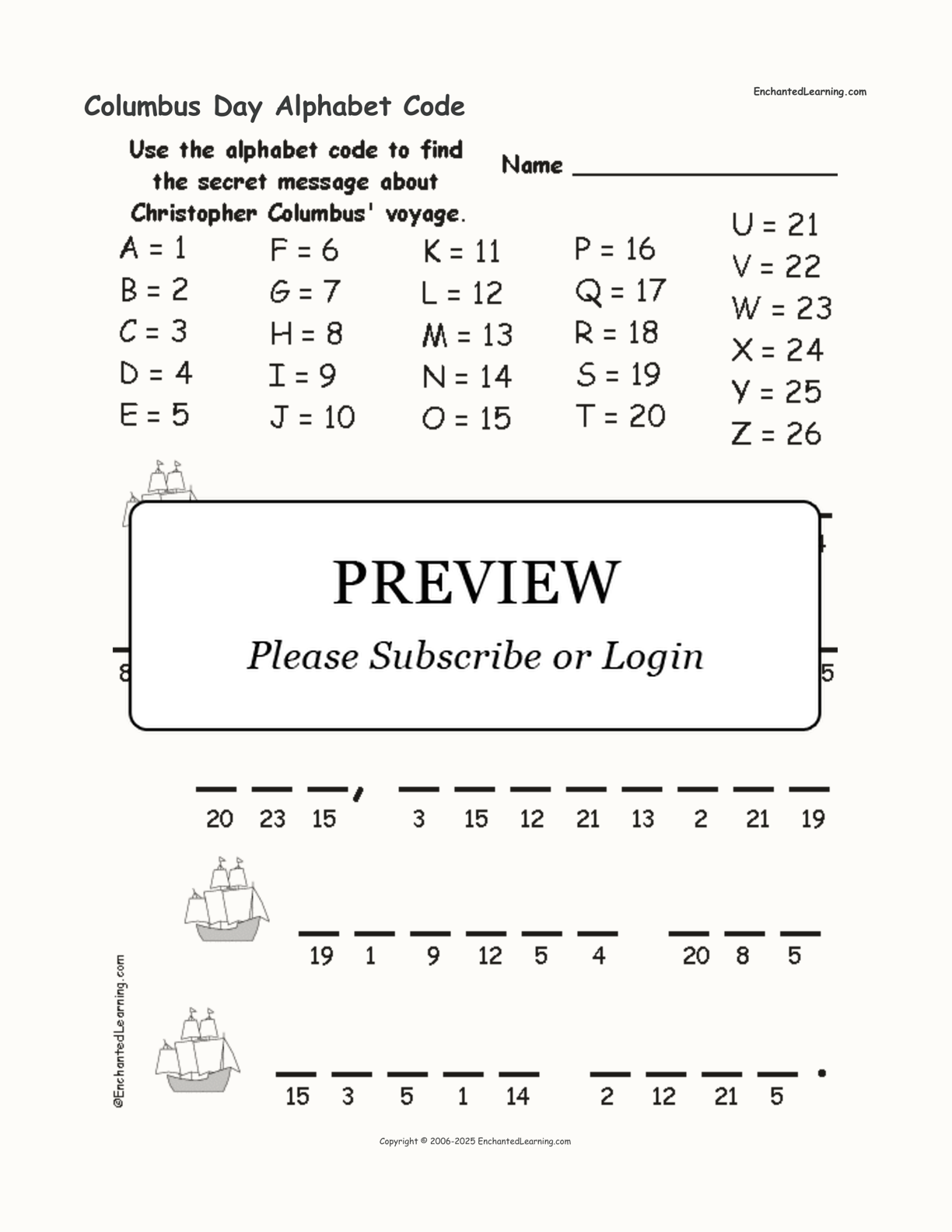 Columbus Day Alphabet Code interactive worksheet page 1