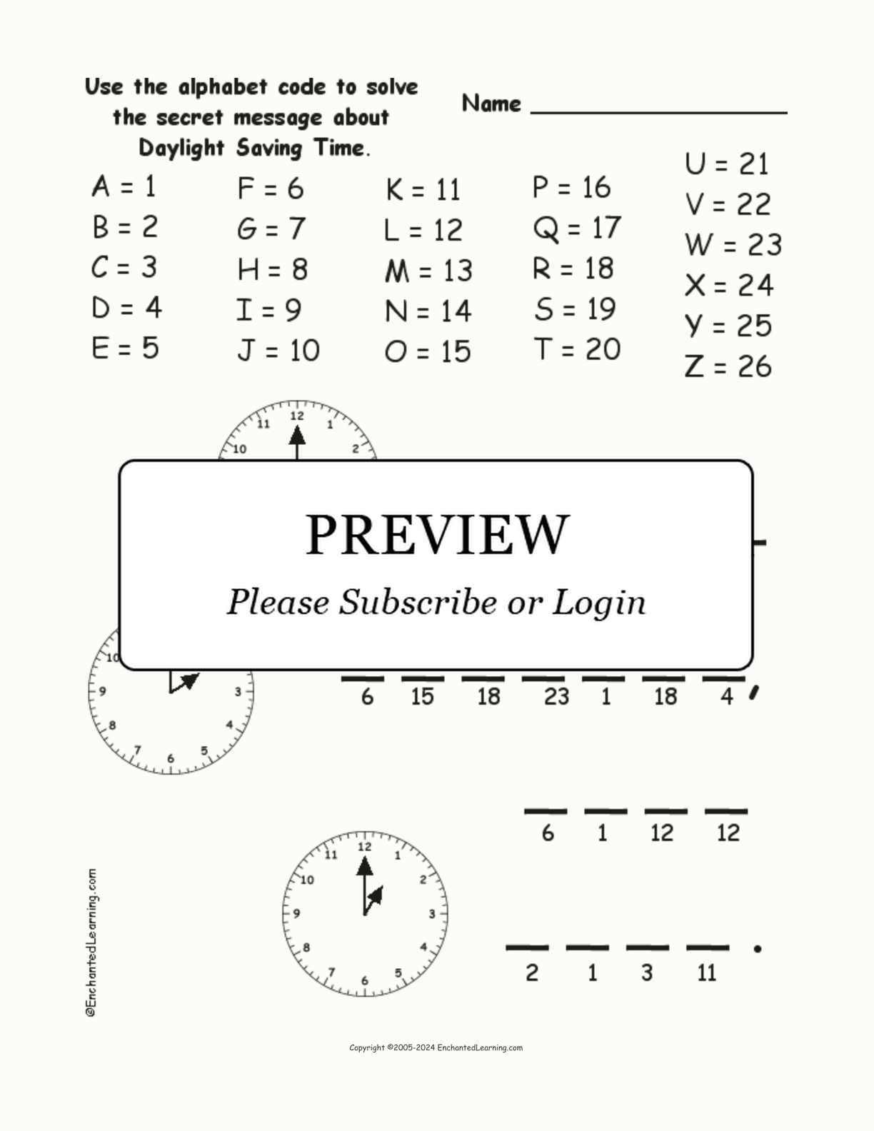 Daylight Saving Time Alphabet Code interactive worksheet page 1