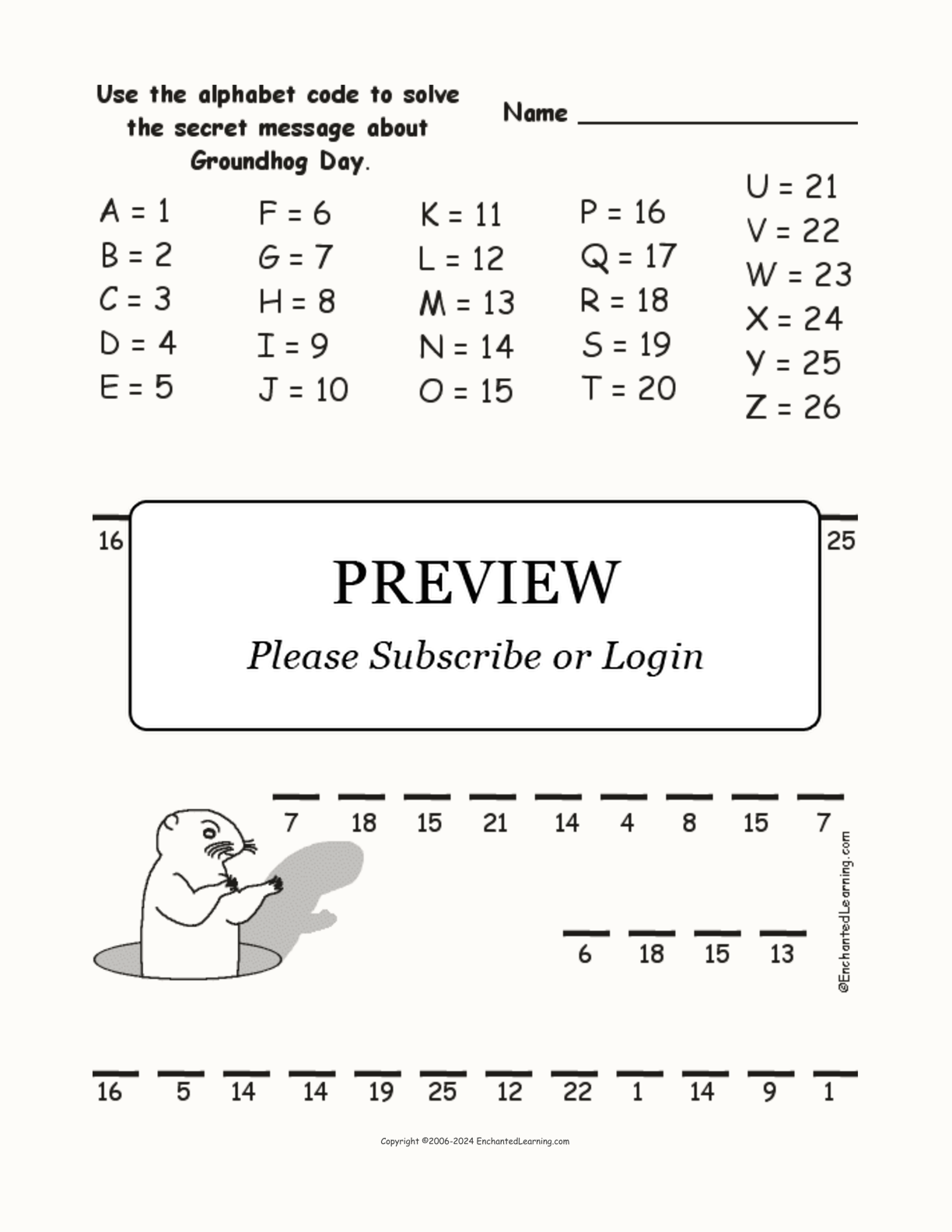 Groundhog Day Alphabet Code interactive worksheet page 1