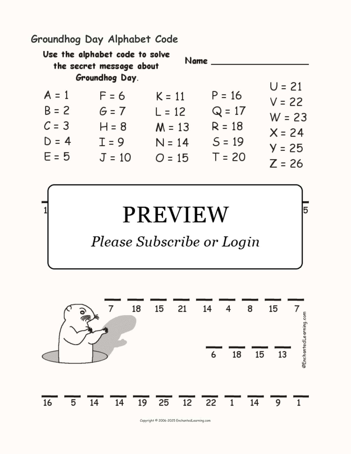 Groundhog Day Alphabet Code interactive worksheet page 1