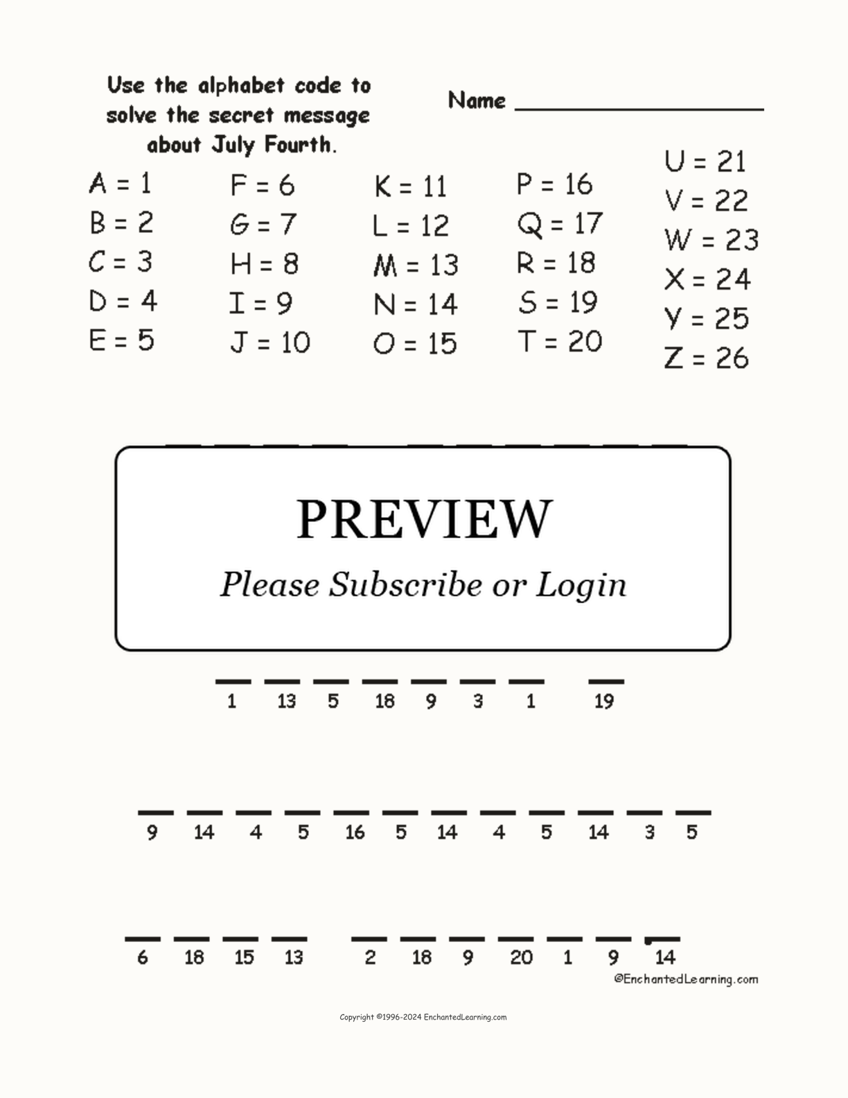 July Fourth Alphabet Code interactive worksheet page 1