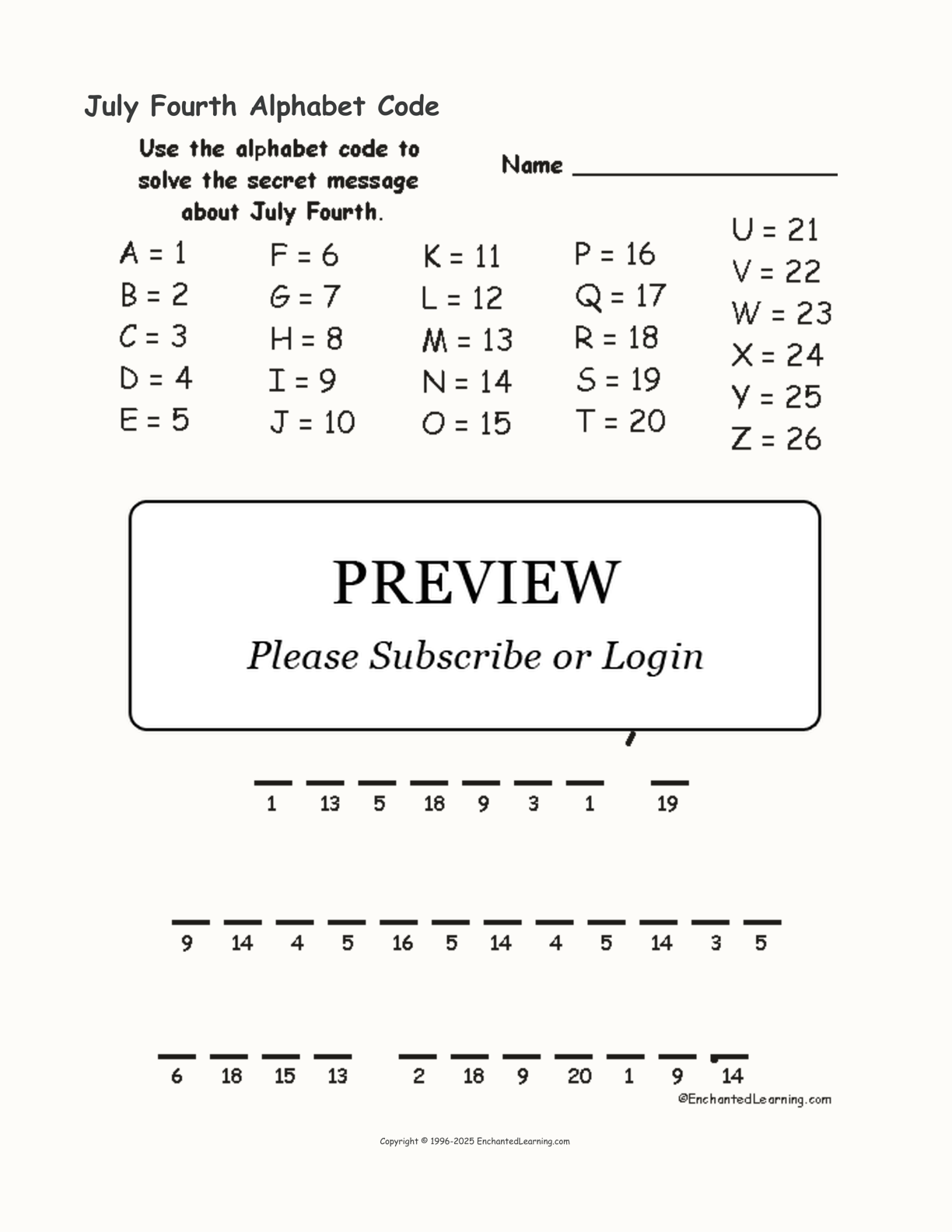 July Fourth Alphabet Code interactive worksheet page 1