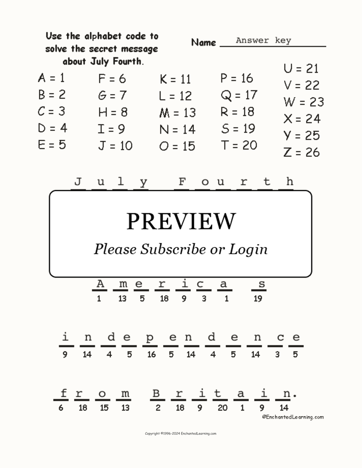 July Fourth Alphabet Code interactive worksheet page 2