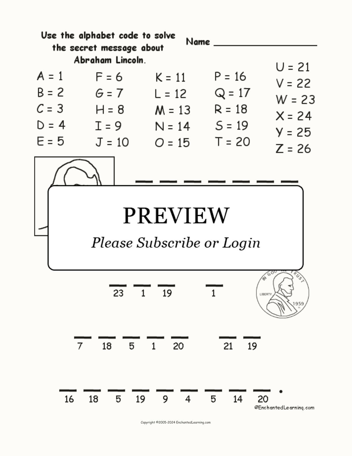 Abraham Lincoln Alphabet Code interactive worksheet page 1