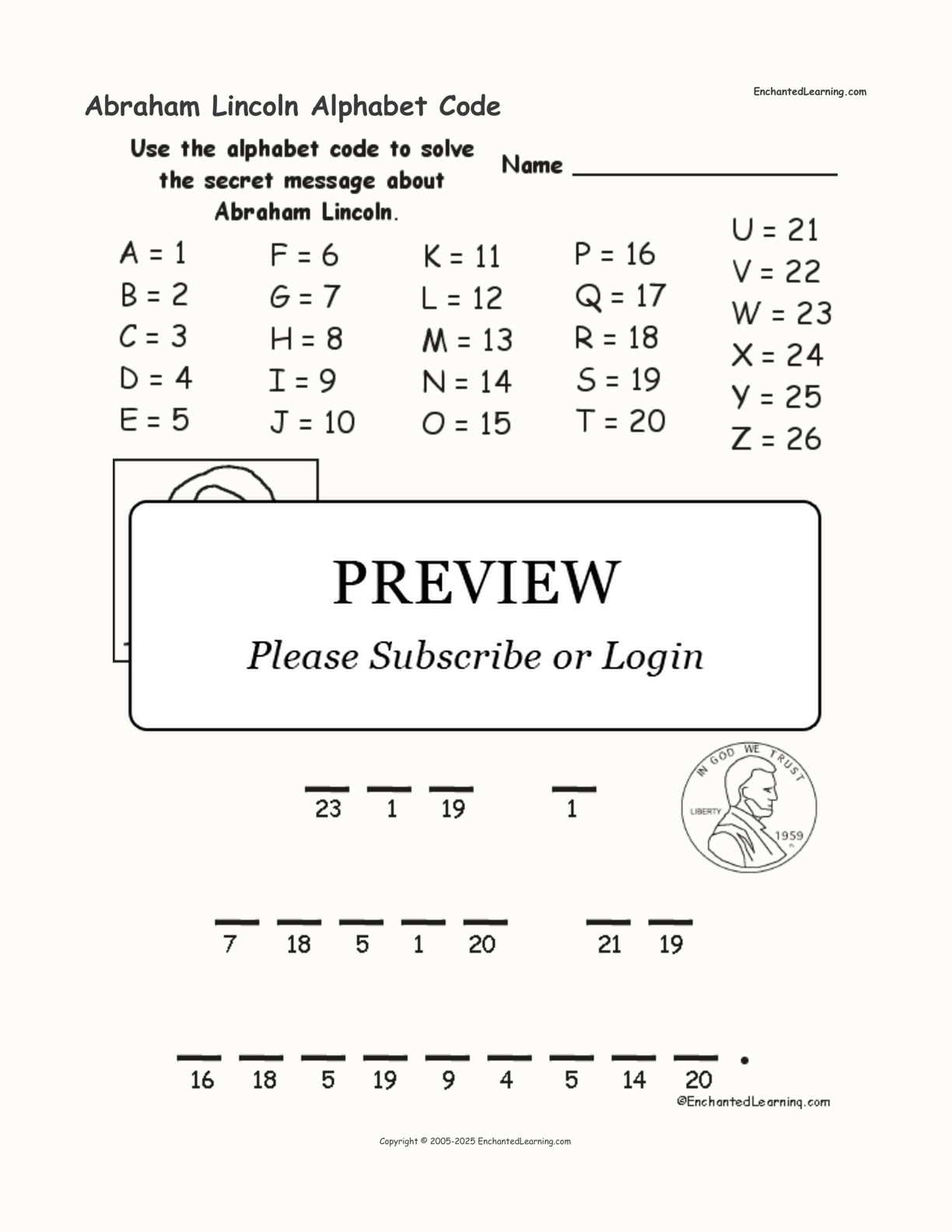 Abraham Lincoln Alphabet Code interactive worksheet page 1