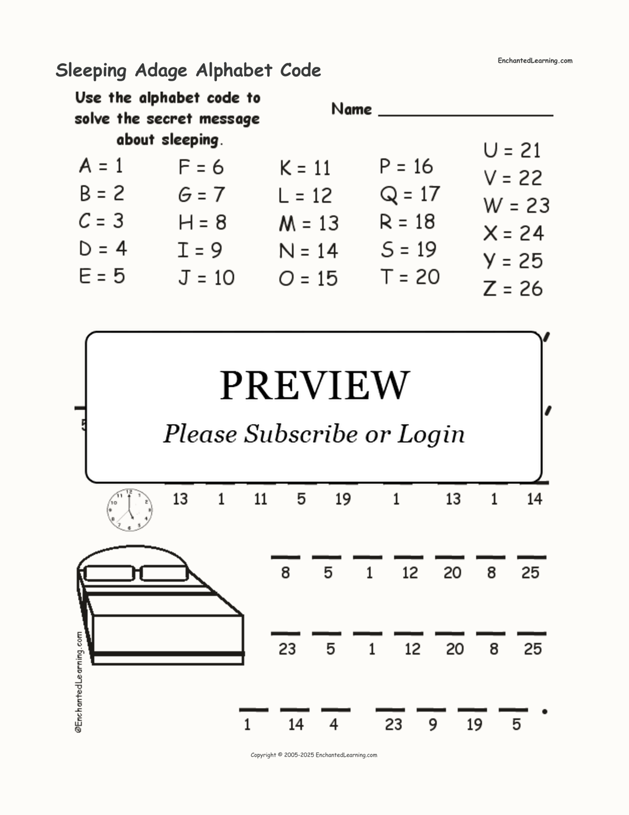 Sleeping Adage Alphabet Code interactive worksheet page 1
