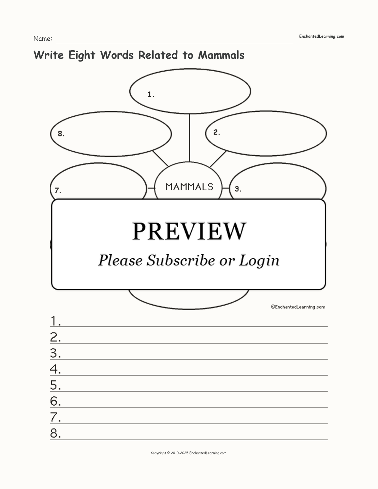 Write Eight Words Related to Mammals interactive worksheet page 1