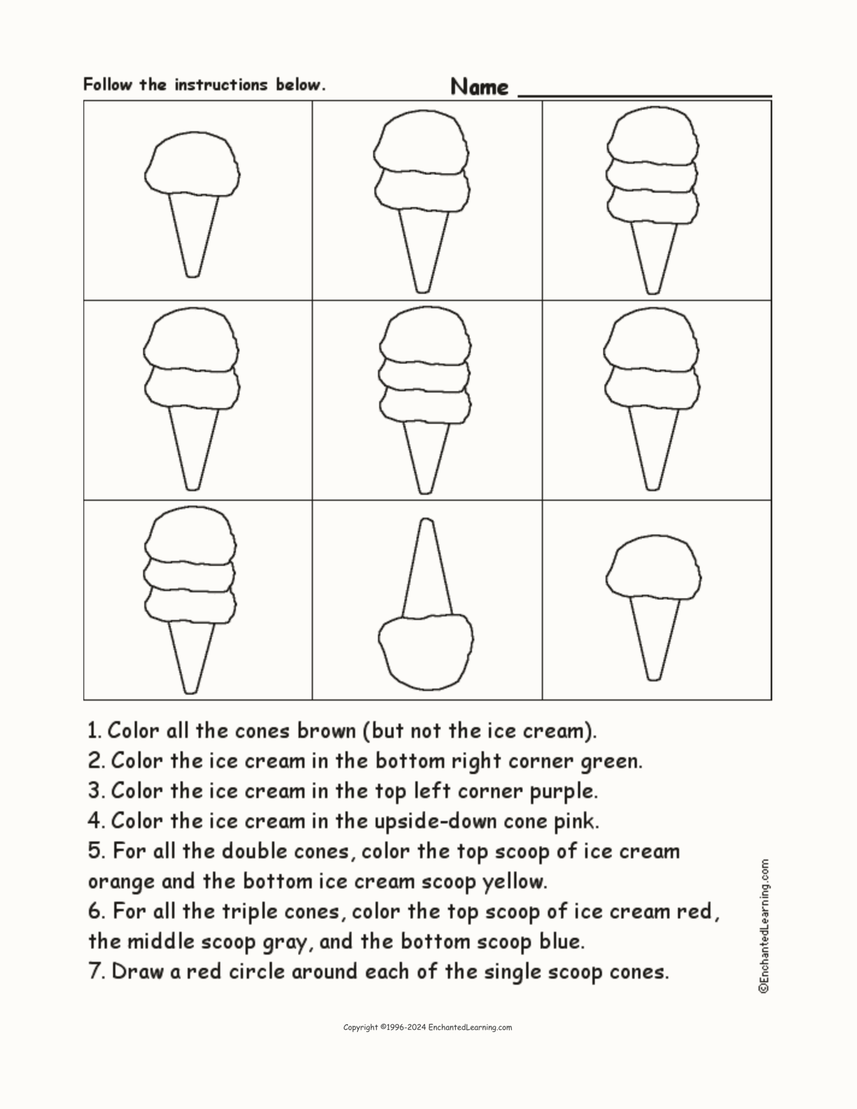 Ice Cream Cones: Follow the Instructions interactive worksheet page 1