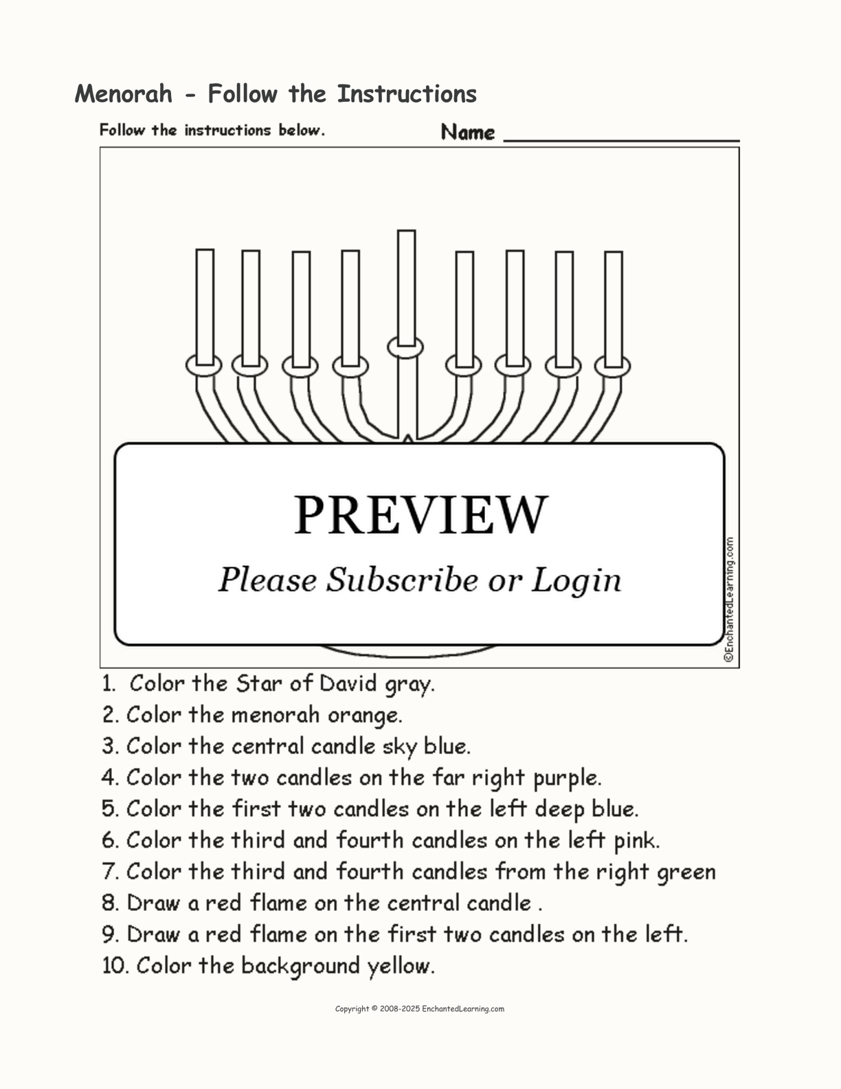 Menorah - Follow the Instructions interactive worksheet page 1