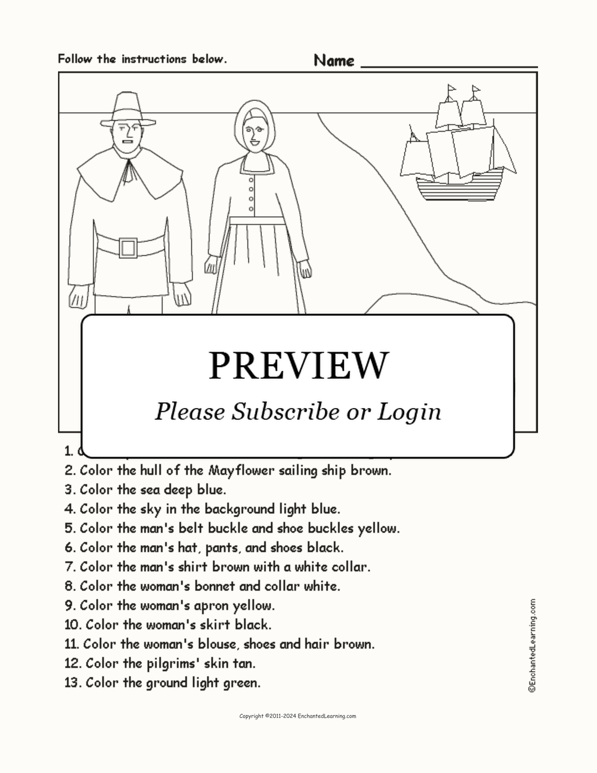 Pilgrims - Follow the Instructions interactive worksheet page 1