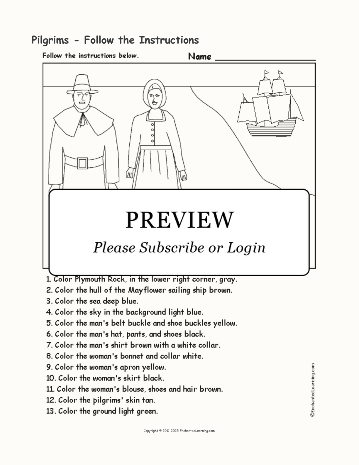 Pilgrims - Follow the Instructions interactive worksheet page 1