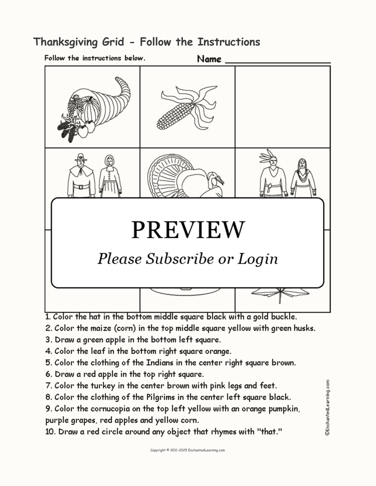 Thanksgiving Grid - Follow the Instructions interactive worksheet page 1