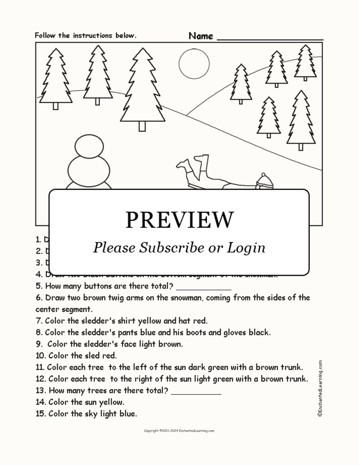 Winter Scene - Follow the Instructions interactive worksheet page 1