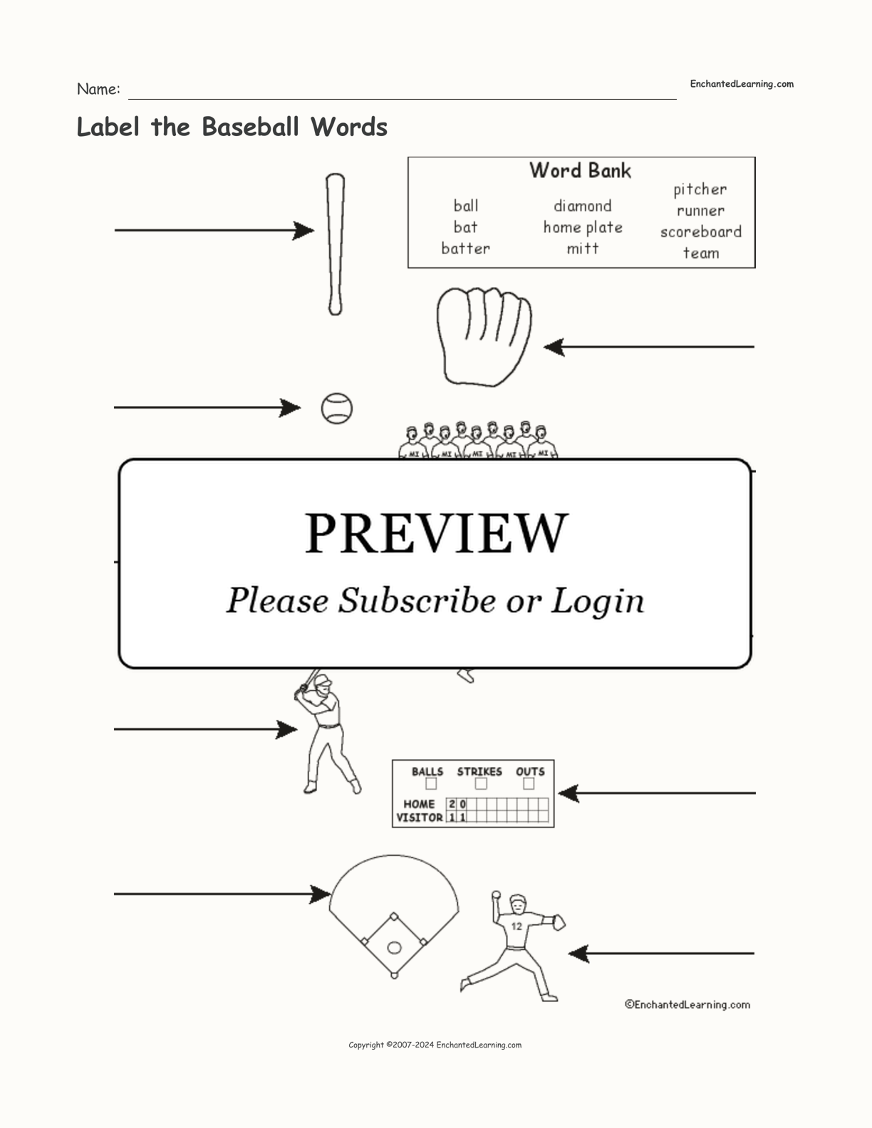 Label the Baseball Words interactive worksheet page 1