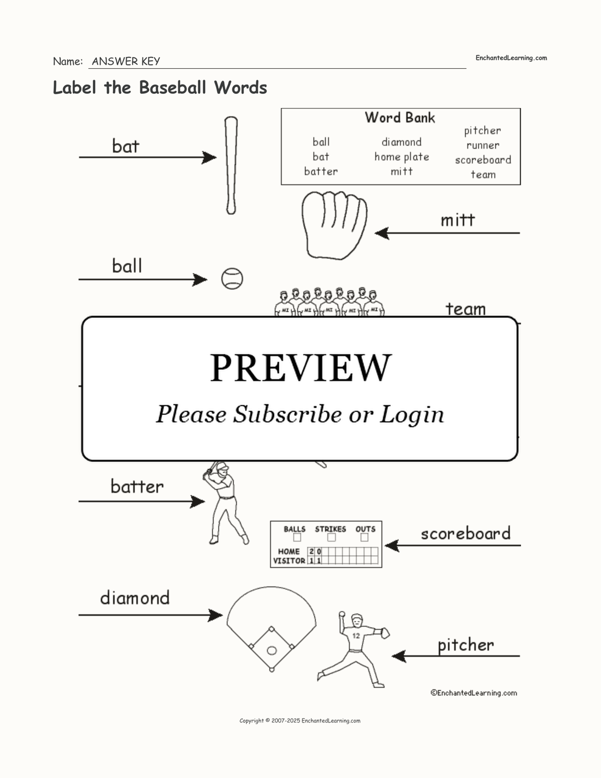 Label the Baseball Words interactive worksheet page 2