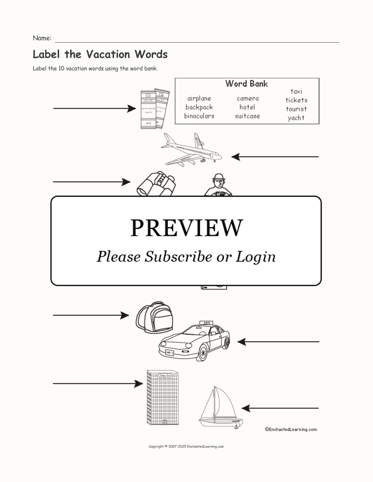 Label the Vacation Words interactive worksheet page 1