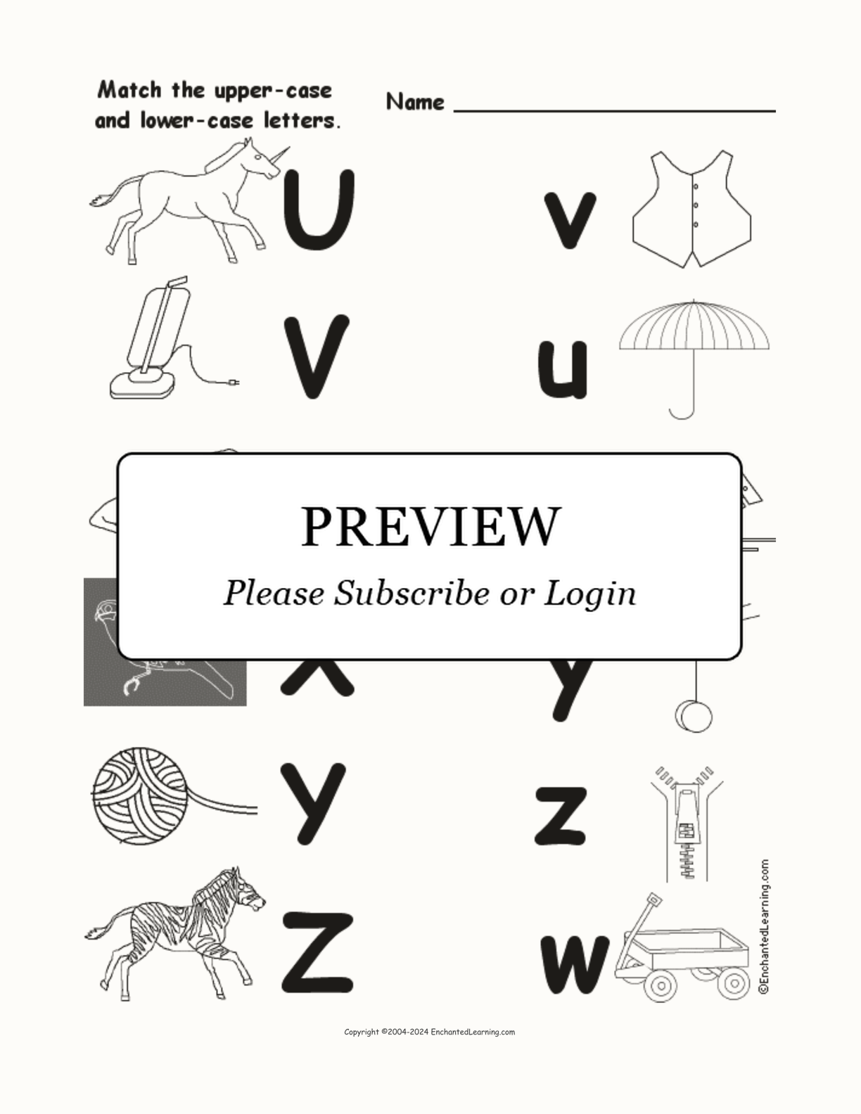 Match Uppercase and Lowercase Letters U-Z interactive worksheet page 1