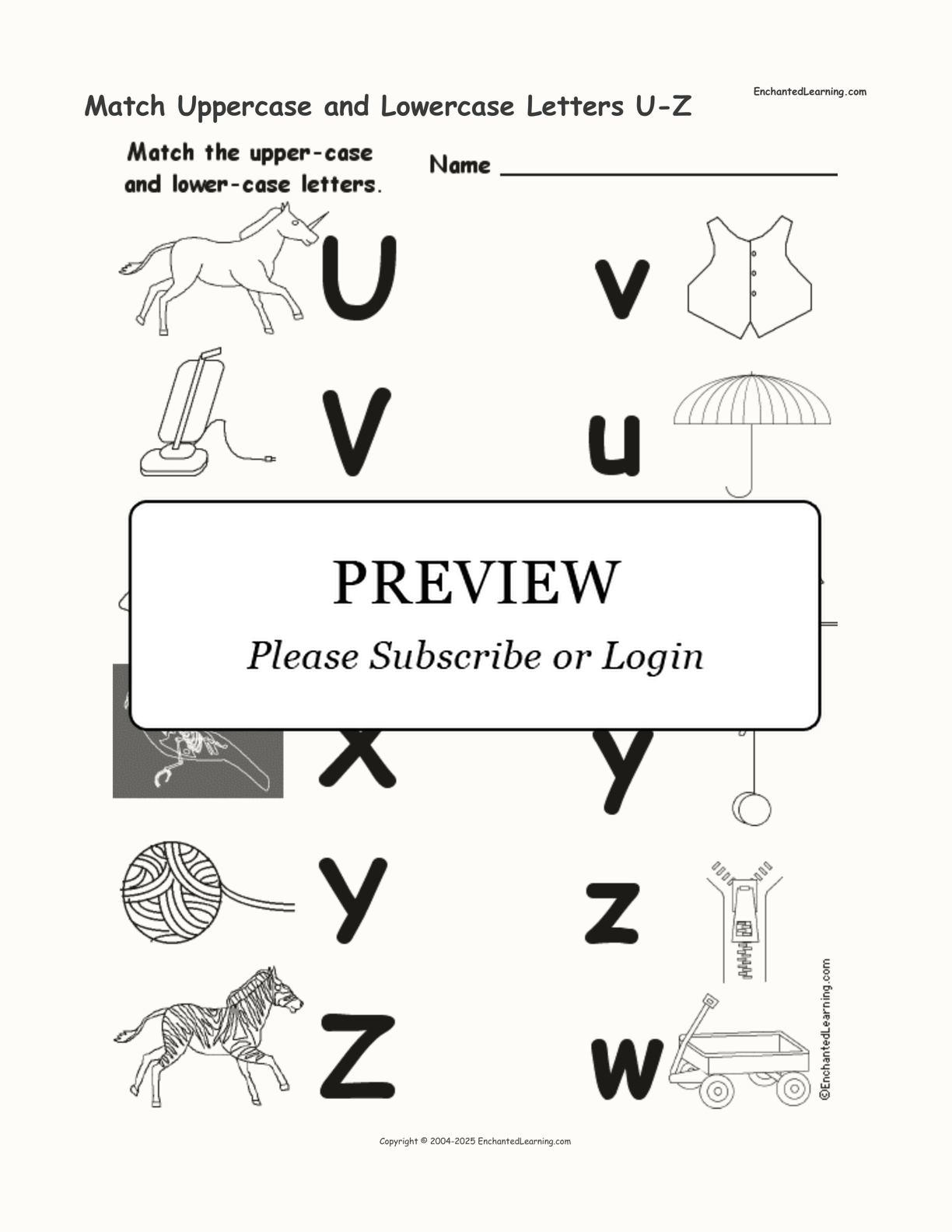 Match Uppercase and Lowercase Letters U-Z interactive worksheet page 1