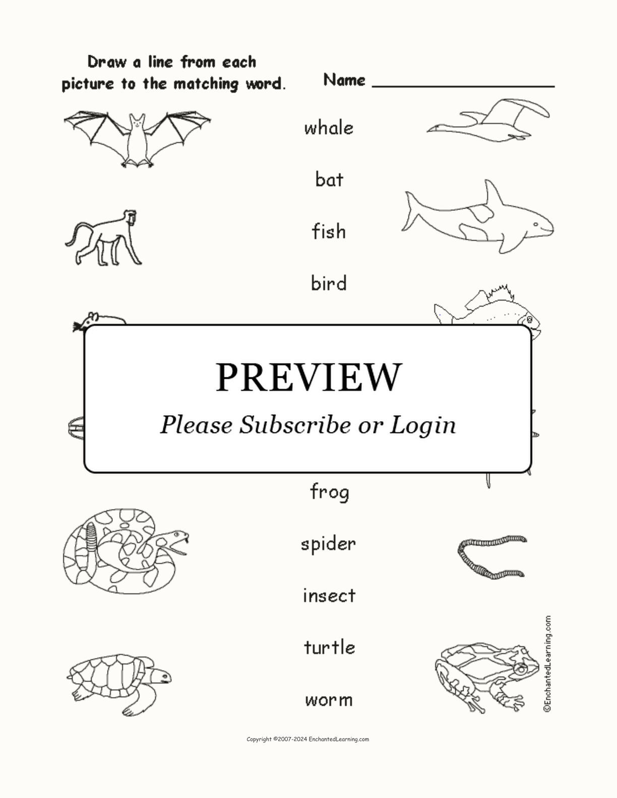 Match the Animal Words to the Pictures interactive worksheet page 1