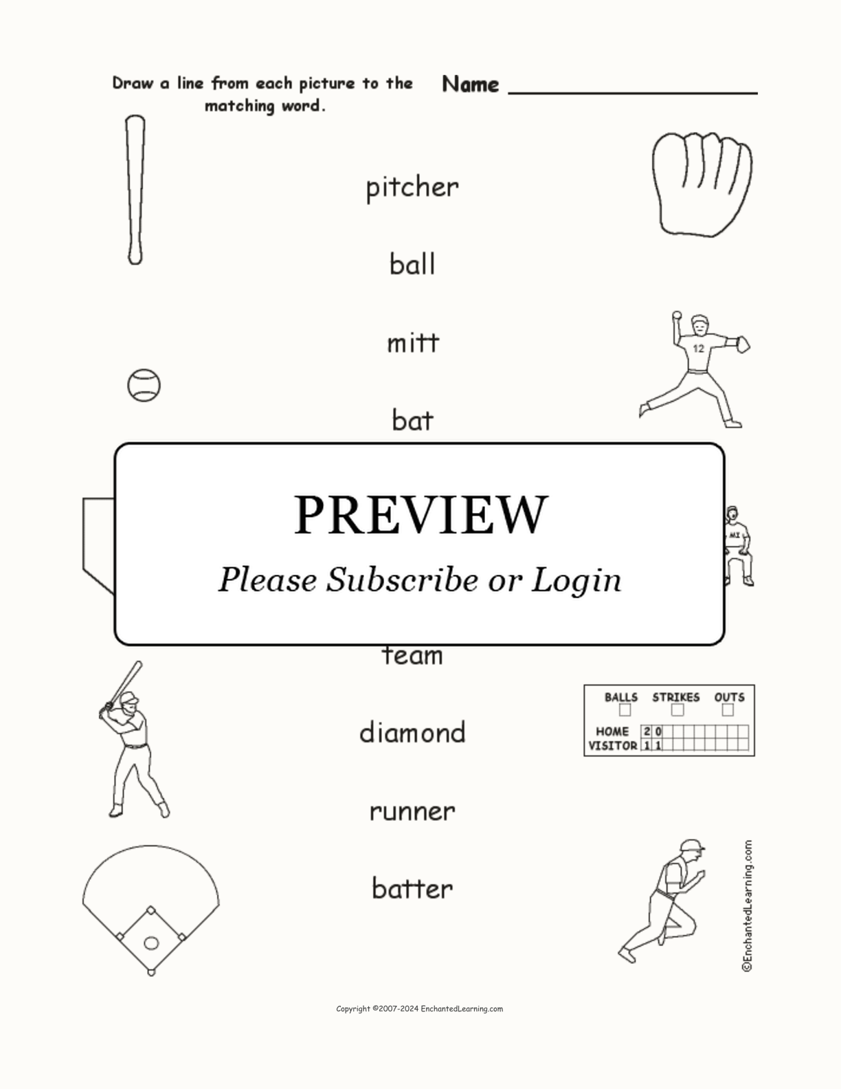 Baseball - Match the Words to the Pictures interactive worksheet page 1