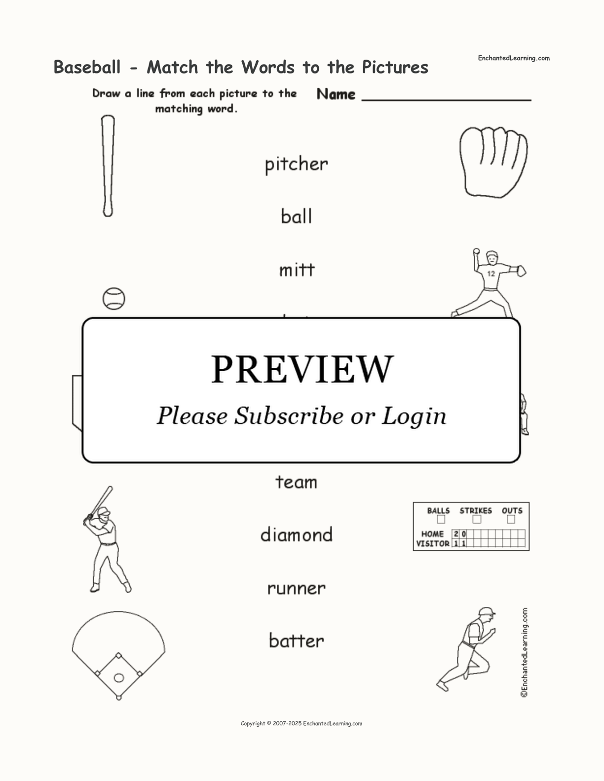 Baseball - Match the Words to the Pictures interactive worksheet page 1