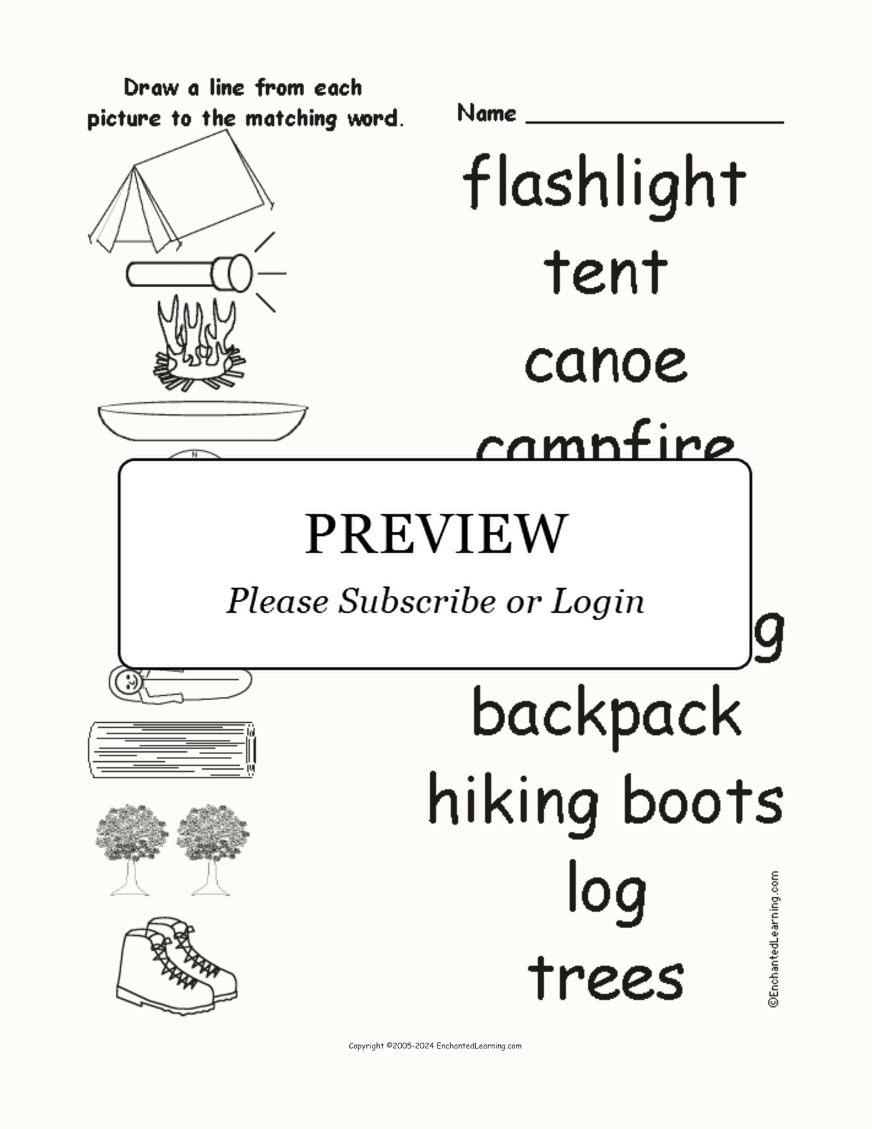 Match the Camping Words to the Pictures interactive worksheet page 1