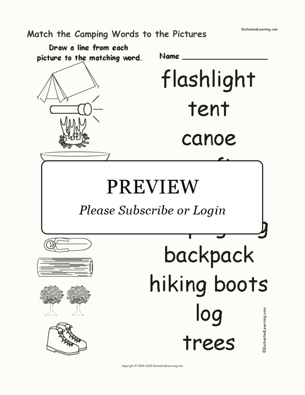 Match the Camping Words to the Pictures interactive worksheet page 1