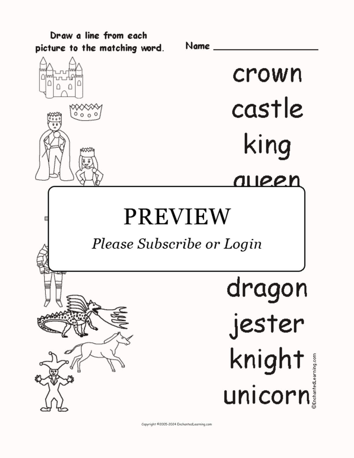 Match the Castle Words to the Pictures interactive worksheet page 1