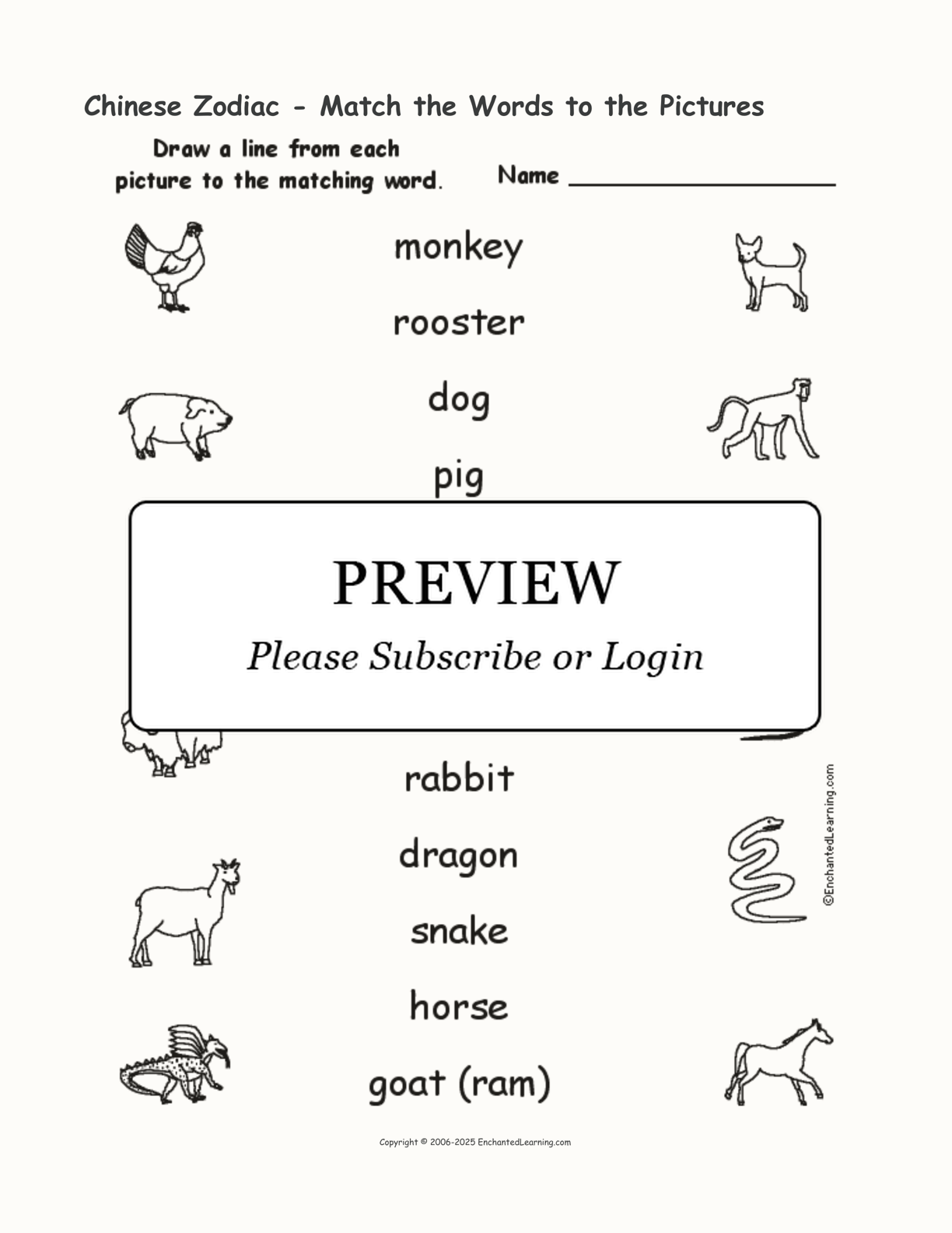 Chinese Zodiac - Match the Words to the Pictures interactive worksheet page 1