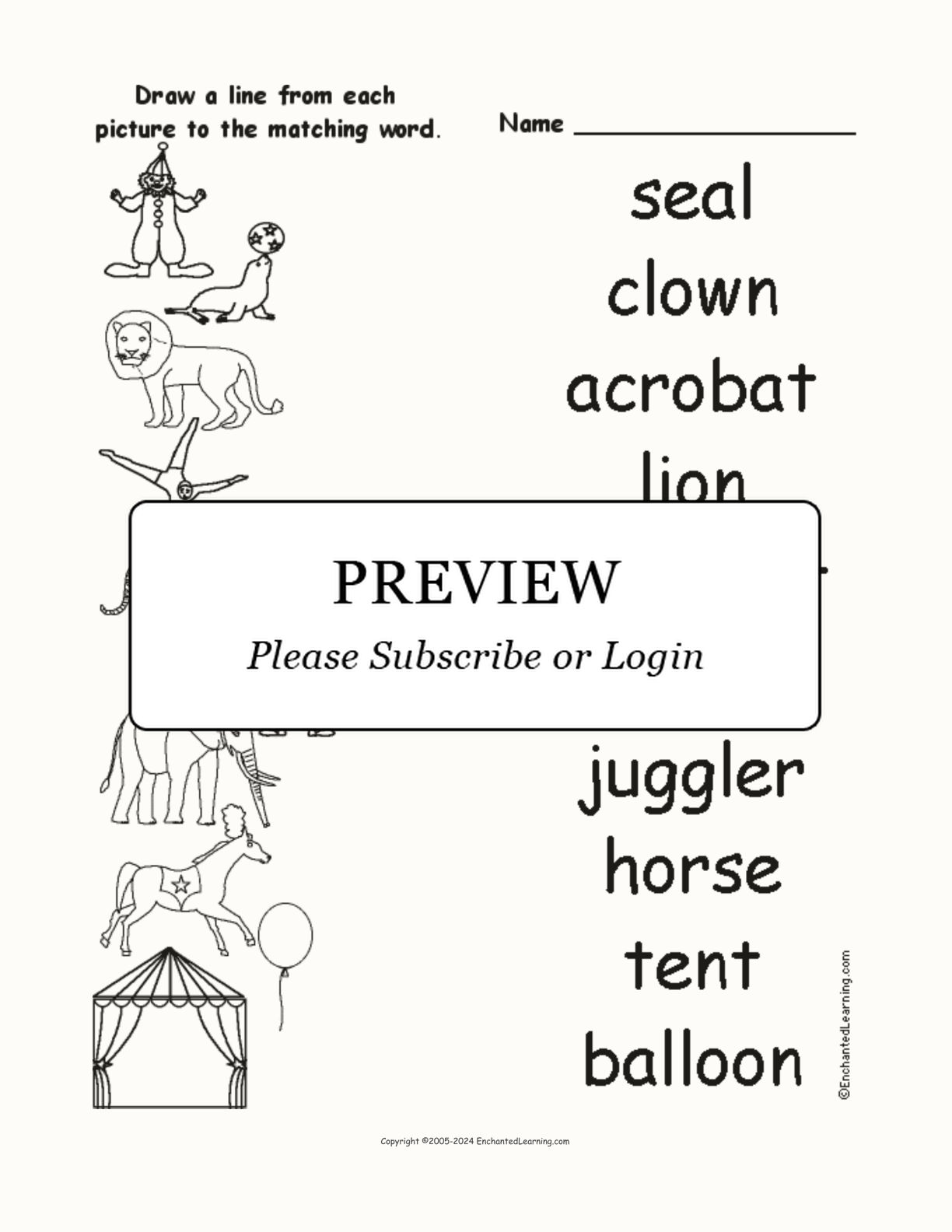 Match the Circus Words to the Pictures interactive worksheet page 1