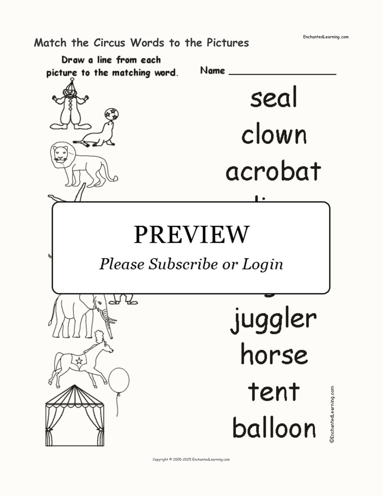 Match the Circus Words to the Pictures interactive worksheet page 1