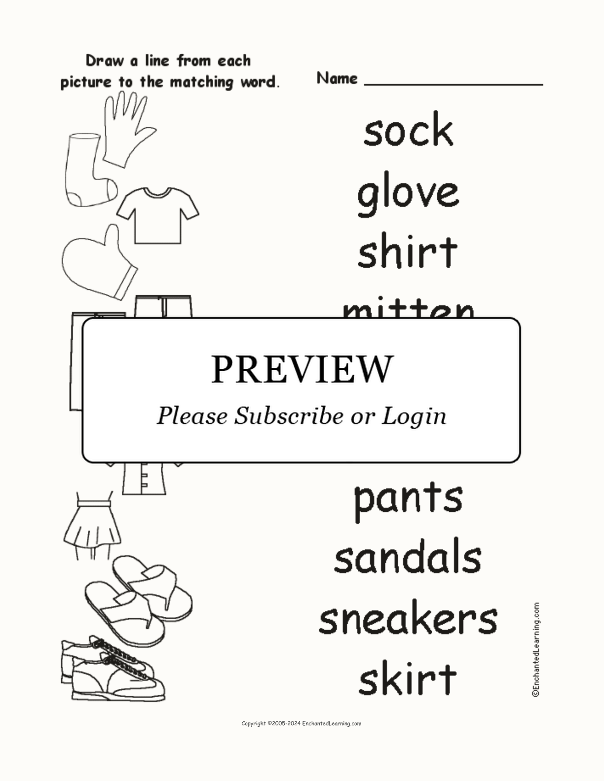 Match the Clothing Words to the Pictures interactive worksheet page 1